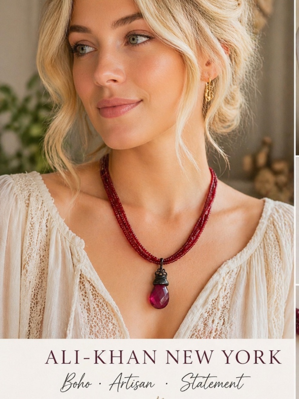 Ali Khan New York Red Beaded Necklace Multi Strand Statement Pendant Boho